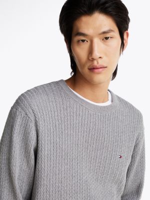 grey herringbone knit crew neck jumper for men tommy hilfiger