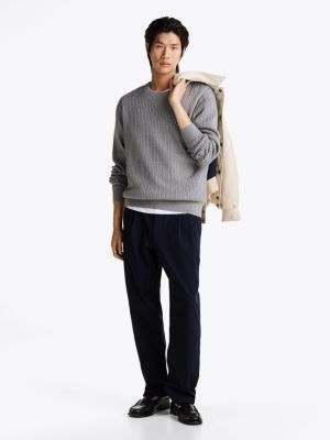 grey herringbone knit crew neck jumper for men tommy hilfiger