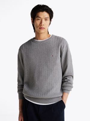 grey herringbone knit crew neck jumper for men tommy hilfiger