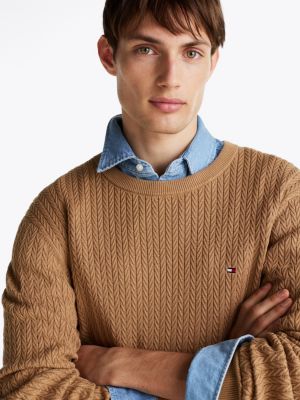 brown herringbone knit crew neck jumper for men tommy hilfiger