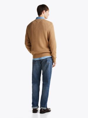 brown herringbone knit crew neck jumper for men tommy hilfiger