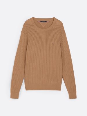 brown herringbone knit crew neck jumper for men tommy hilfiger