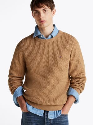 brown herringbone knit crew neck jumper for men tommy hilfiger