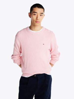 pink herringbone knit crew neck jumper for men tommy hilfiger