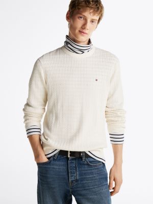 white herringbone knit crew neck jumper for men tommy hilfiger