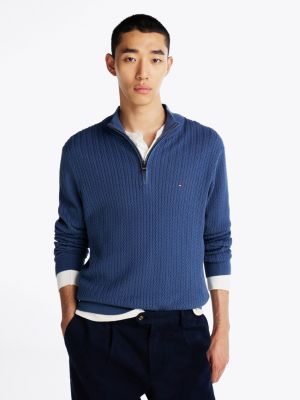 blue herringbone knit half-zip jumper for men tommy hilfiger