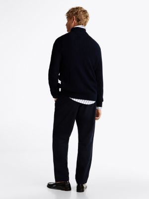 pull tissage chevron à demi-zip bleu pour hommes tommy hilfiger