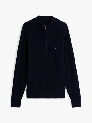 pull tissage chevron à demi-zip bleu pour hommes tommy hilfiger