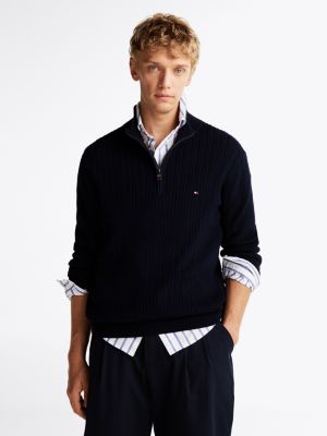 blue herringbone knit half-zip jumper for men tommy hilfiger