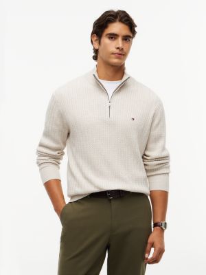 beige herringbone knit quarter-zip jumper for men tommy hilfiger