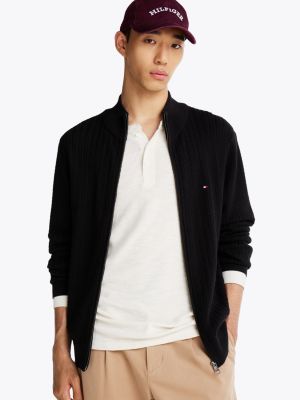 black herringbone knit zip-thru jumper for men tommy hilfiger