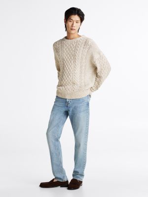 beige relaxed fit pullover mit aran-zopfmuster für herren - tommy hilfiger