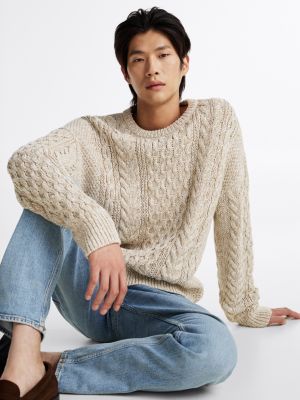pull décontracté en mailles aran et torsadées beige pour hommes tommy hilfiger
