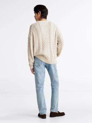 beige aran cable knit relaxed jumper for men tommy hilfiger