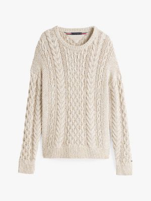 pull décontracté en mailles aran et torsadées beige pour hommes tommy hilfiger