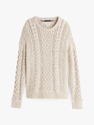 beige relaxed fit pullover mit aran-zopfmuster für herren - tommy hilfiger