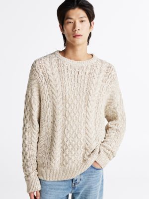 pull décontracté en mailles aran et torsadées beige pour hommes tommy hilfiger