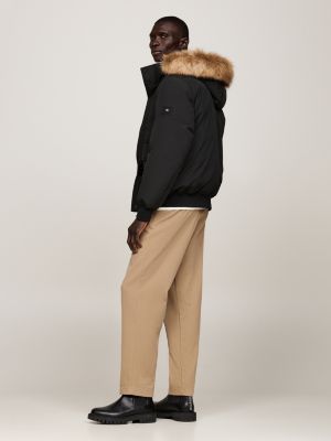 Black bomber jacket with fur hood online