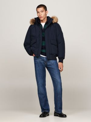 blue faux fur rockie down bomber jacket for men tommy hilfiger