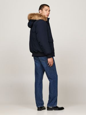 blue faux fur rockie down bomber jacket for men tommy hilfiger