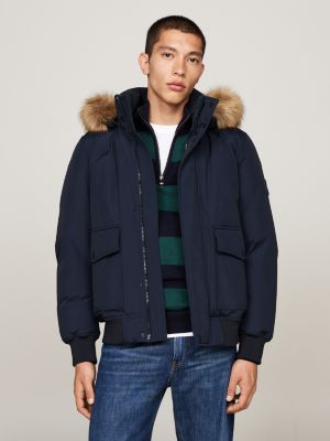 blue faux fur rockie down bomber jacket for men tommy hilfiger