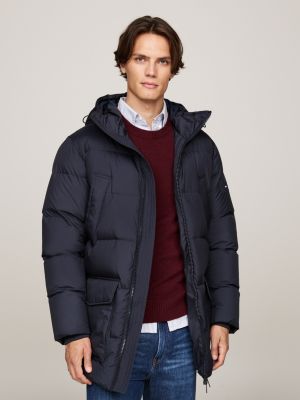 blue quilted down hooded puffer coat for men tommy hilfiger