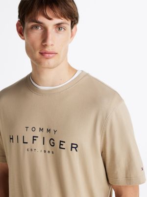 t-shirt à col ras-du-cou et logo kaki pour hommes tommy hilfiger