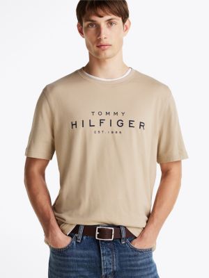 khaki t-shirt met ronde hals en logo voor heren - tommy hilfiger