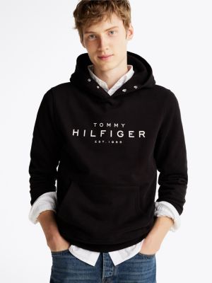 sweat à capuche à boutons-pression et logo black pour hommes tommy hilfiger