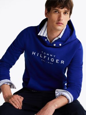 sweat à capuche à boutons-pression et logo bleu pour hommes tommy hilfiger