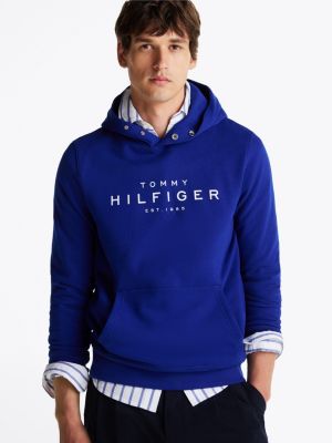 blue hoodie met drukknoopsluiting en logo voor heren - tommy hilfiger