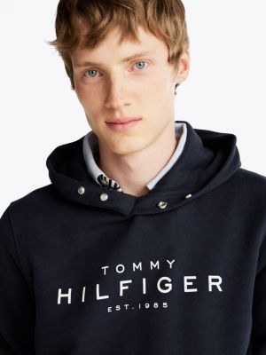 sweat à capuche à boutons-pression et logo bleu pour hommes tommy hilfiger