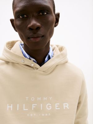 beige snap-button logo hoody for men tommy hilfiger