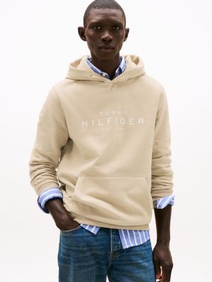 sweat à capuche à boutons-pression et logo beige pour hommes tommy hilfiger