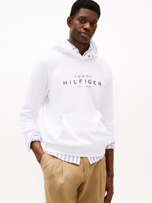 white hoodie met drukknoopsluiting en logo voor heren - tommy hilfiger