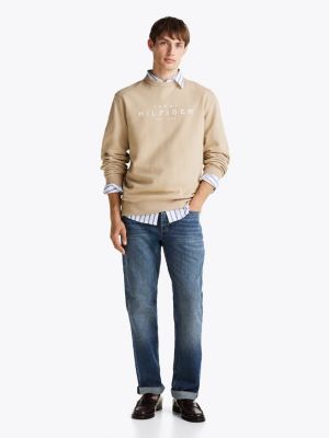 beige logo crew neck sweatshirt for men tommy hilfiger