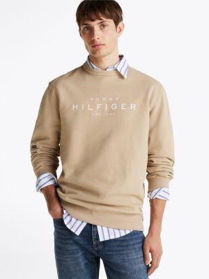 sweat à col ras-du-cou et logo beige pour hommes tommy hilfiger