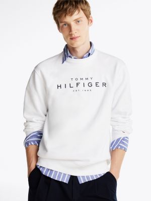 white sweatshirt met logo en ronde hals voor heren - tommy hilfiger