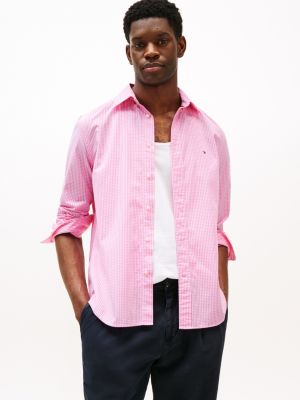 pink regular fit gingham poplin shirt for men tommy hilfiger