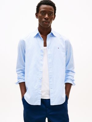 blue th flex regular fit stripe poplin shirt for men tommy hilfiger