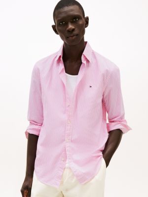 pink th flex regular fit stripe poplin shirt for men tommy hilfiger