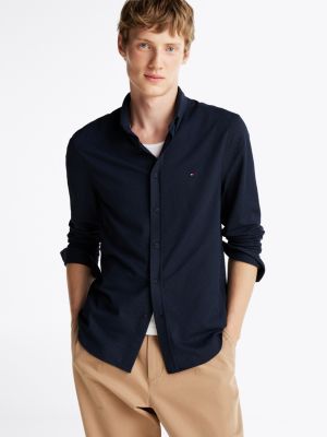 camicia performance slim fit in piqué blue da uomini tommy hilfiger