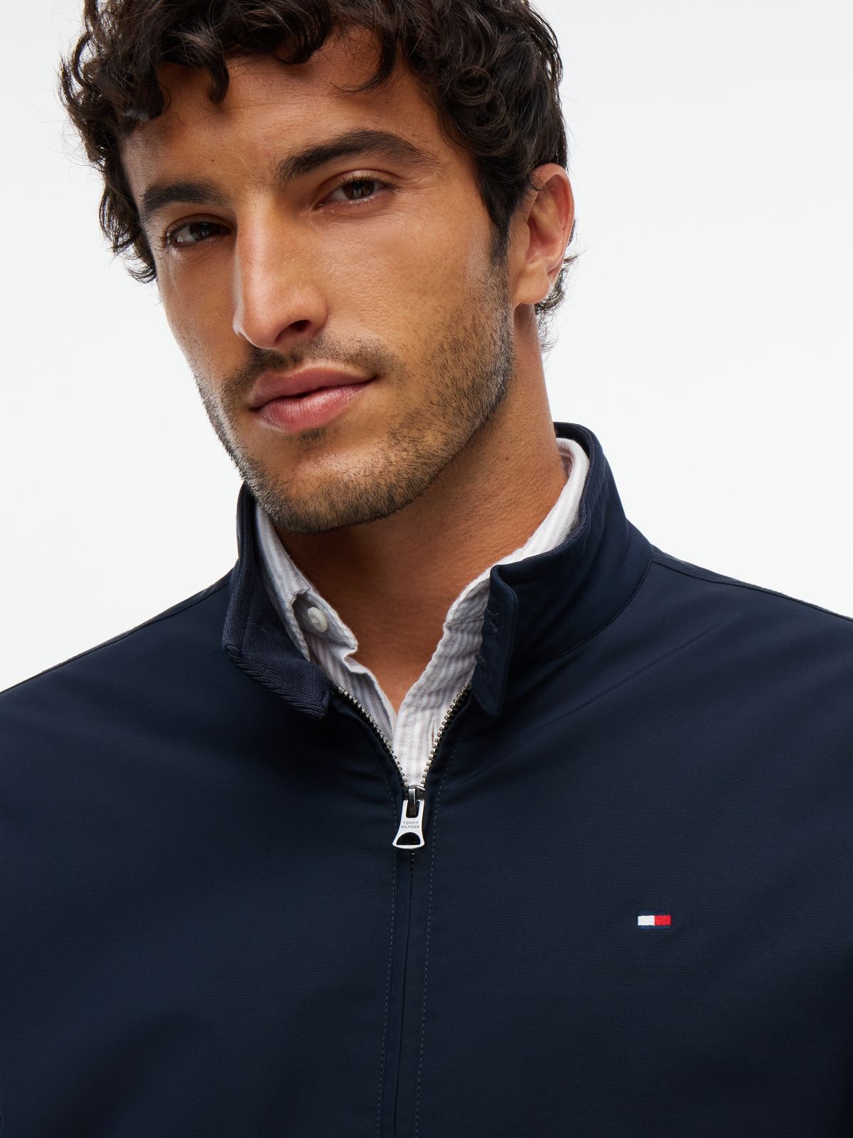 Flag Embroidery Zip-Thru Harrington Jacket — Blue