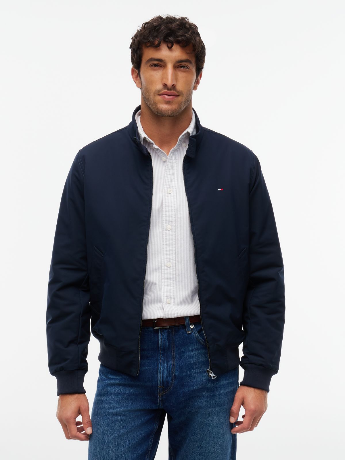 Flag Embroidery Zip-Thru Harrington Jacket — Blue