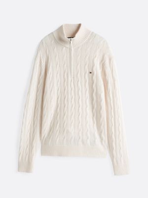 pull en maille torsadée en pure laine blanc pour hommes tommy hilfiger