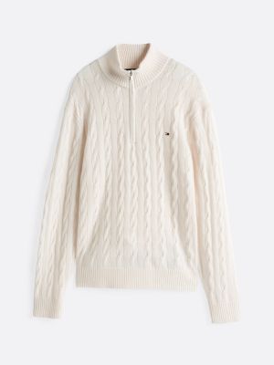 white pure wool cable knit jumper for men tommy hilfiger