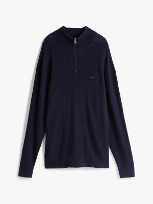 pull plus zippé en maille à mini torsades bleu pour hommes tommy hilfiger