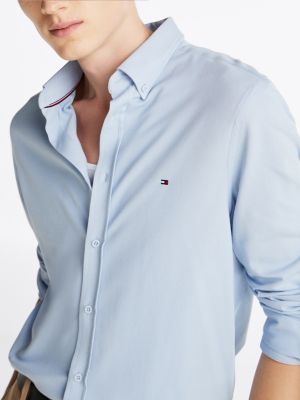 blue slim fit pique oxford shirt for men tommy hilfiger