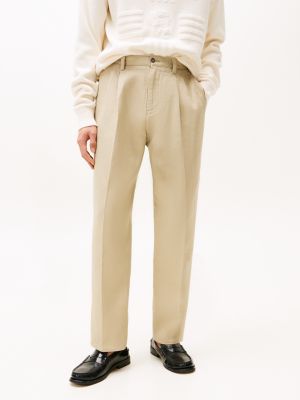 beige twill wide leg trousers for men tommy hilfiger