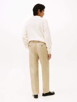 beige twill wide leg trousers for men tommy hilfiger